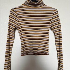 Sky and Sparrow Ribbed Striped Turtleneck Crop Top in White and Mustard